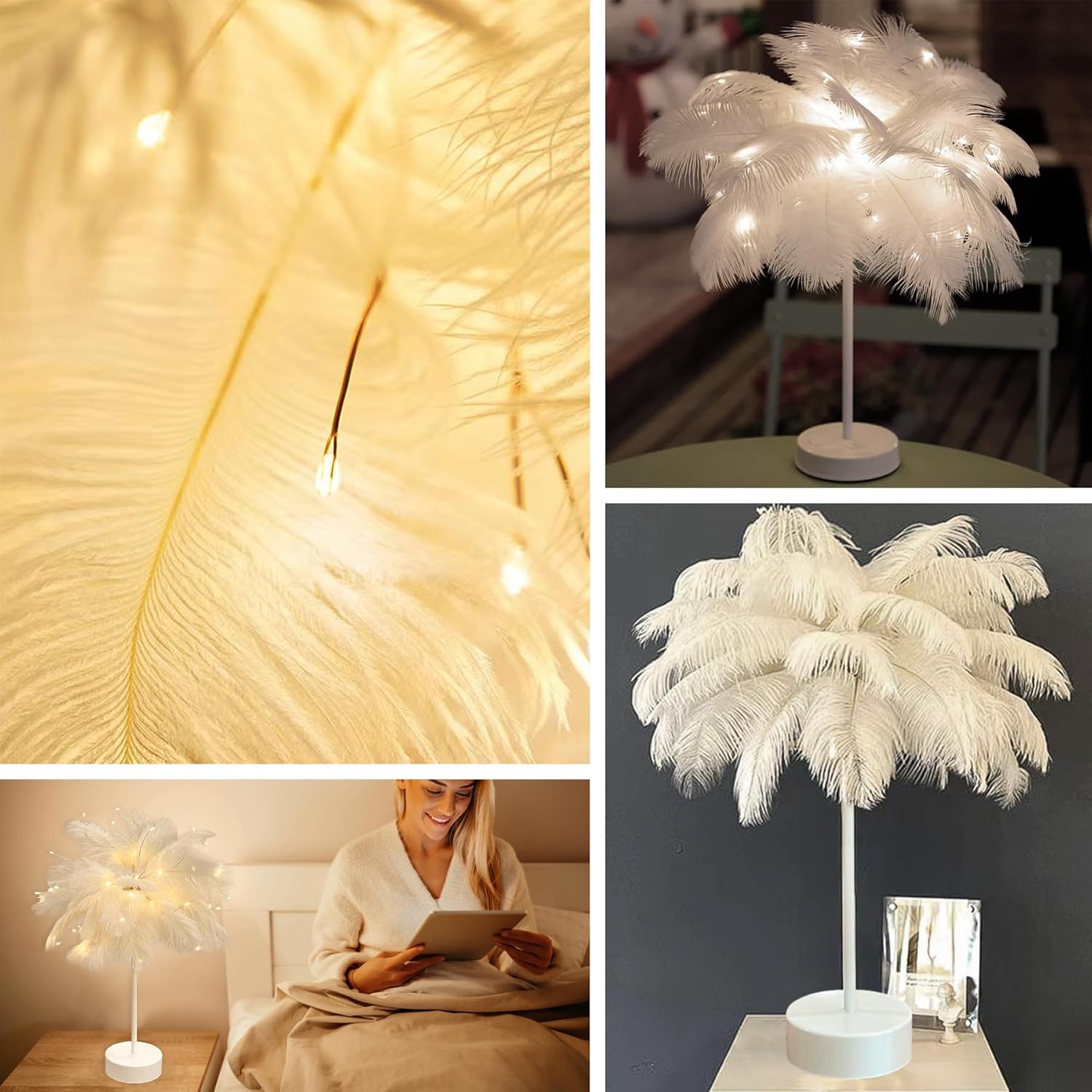 Elegant Ostrich Feather Bedside Table Lamp (white)
