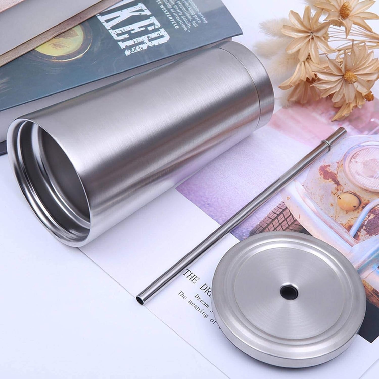 Double-Walled Stainless Steel Coffee Cup/Tumbler with Straw and Lid 520 ml (only silver)
