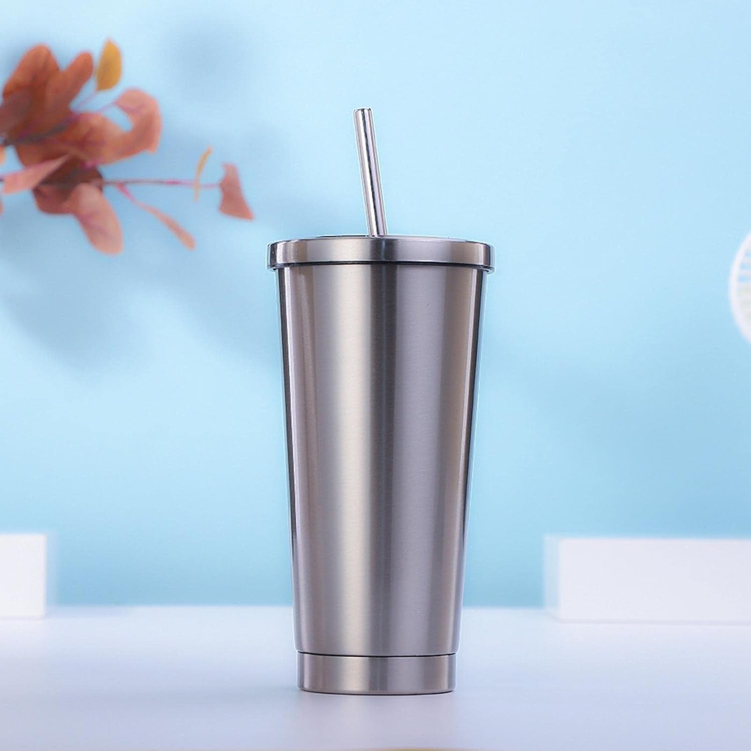 Double-Walled Stainless Steel Coffee Cup/Tumbler with Straw and Lid 520 ml (only silver)